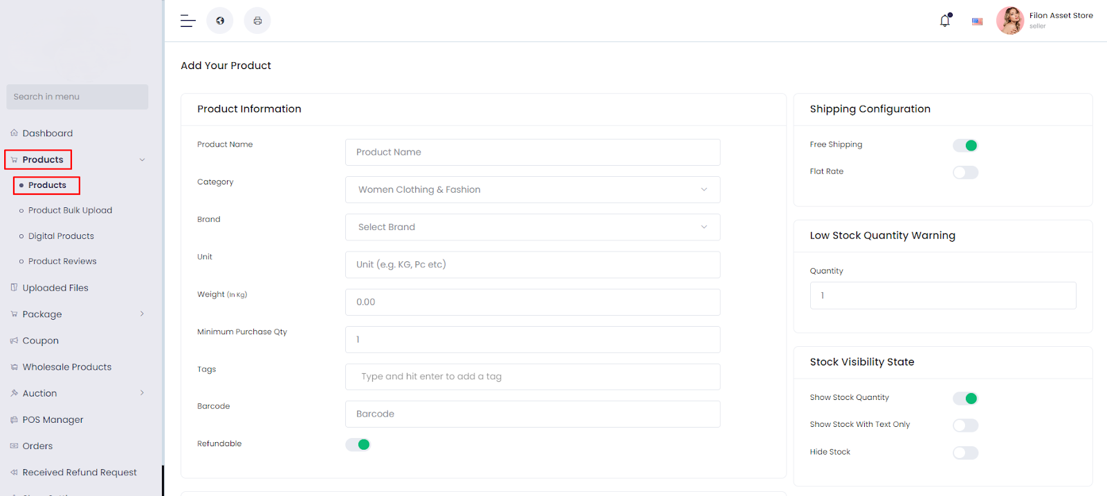 Product upload screenshot